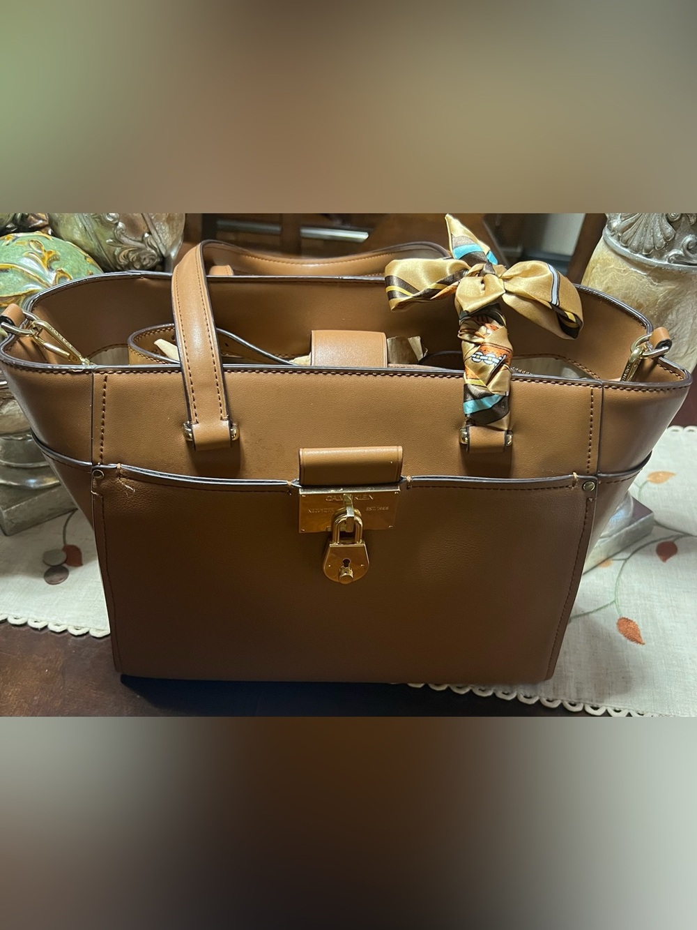 Structured Tan Leather Tote with Gold Lock